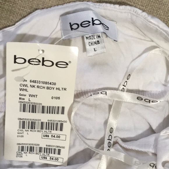 Bebe Women's White Silk Tie Back Halter w Feathers - Picture 8 of 8